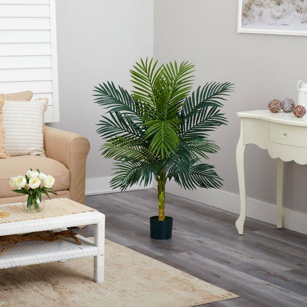 4 ft. Green Silk and Plastic Palm Outdoor Floor Plant