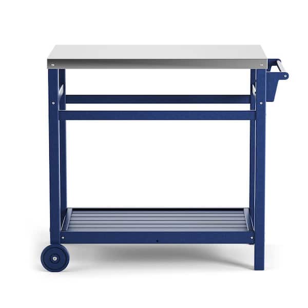 Unbranded 34 in. Outdoor Prep Cart Dining Table for Pizza Oven, Patio Grilling Backyard BBQ Grill Cart in Navy Blue