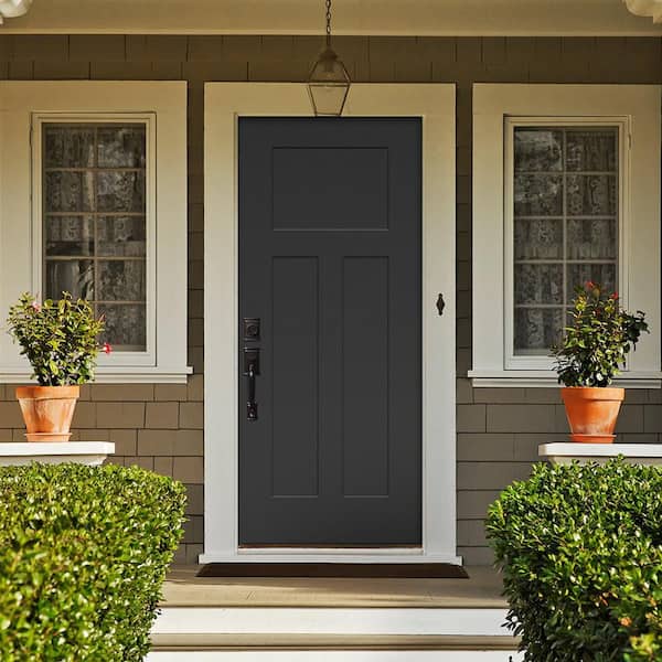Cambridge 36 in. x 80 in. 3-Panel Left-Hand/Inswing Black Painted Steel Prehung Front Door with 20 min Fire Rating