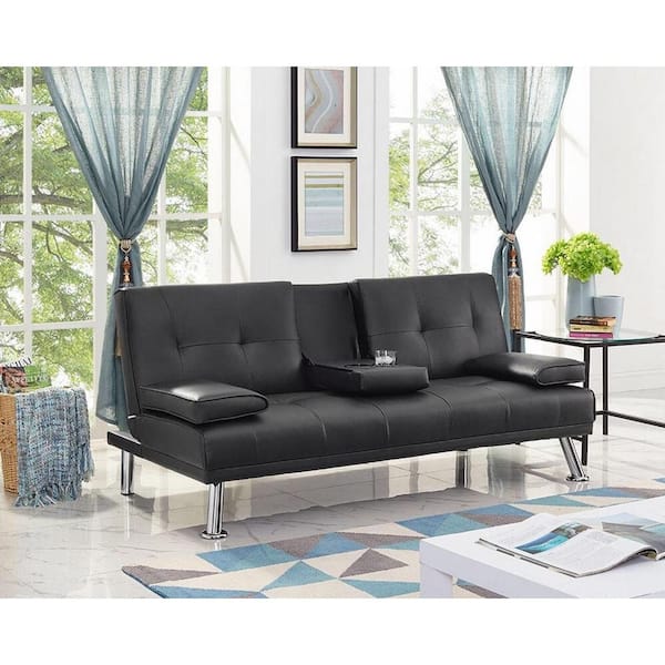 MAYKOOSH 65.75 in. Square Arm Faux Leather Rectangle Convertible Sofa in Black