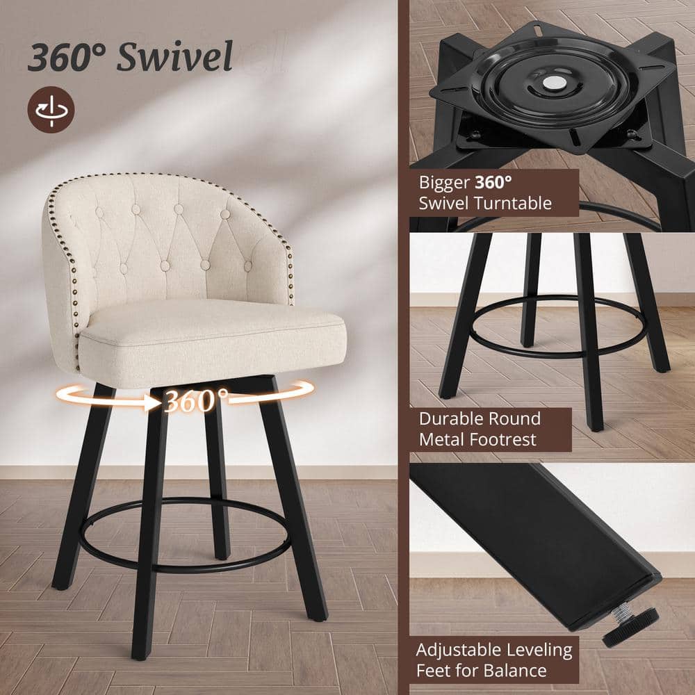 Linen Upholstered Swivel Counter Stools with Metal Legs, Set of 2