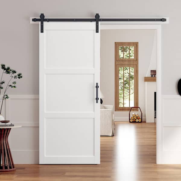 36 in. x 84 in. 3-Panel White Finished Solid MDF Core Interior Sliding Barn Door with Hardware Kit