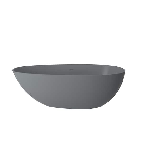 VANITYFUS 67 in. x 33 in. Stone Resin Solid Surface Non-Slip Freestanding Soaking Bathtub with Brass Drain and Hose in Matte Gray