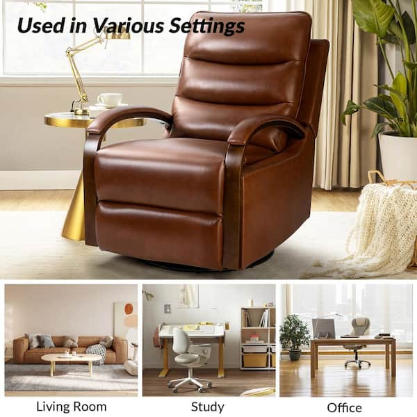 Jayden Creation Joseph Brown Genuine Leather Swivel Rocking Manual Recliner with Straight Tufted Back Cushion and Curved Mood Arms