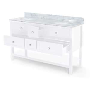 61 in. W x 22 in. D x 40 in. H Double Sink Freestanding Bath Vanity in White with White Marble Top and Storage Cabinet