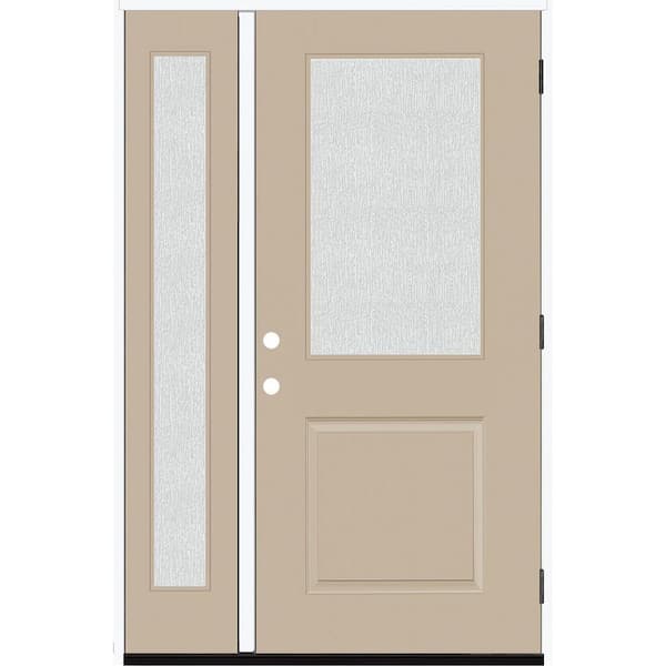 Steves & Sons Legacy 51 in. W x 80 in. 1/2 Lite Rain Glass LHOS Primed Sandstone Finish Fiberglass Prehung Front Door with 12 in. SL