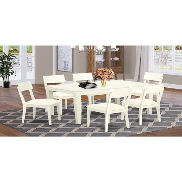 East West Furniture 7-Piece Linen White Finish Solid Wood Top Dining Table with 6 Chairs with Lattice Back