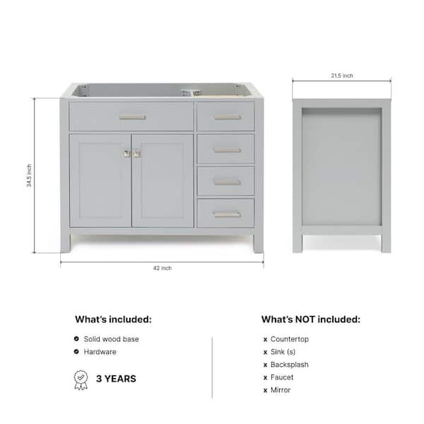 Bristol 42 in. W x 21.5 in. D x 34.5 in. H Freestanding Bath Vanity Cabinet without Top in Gray