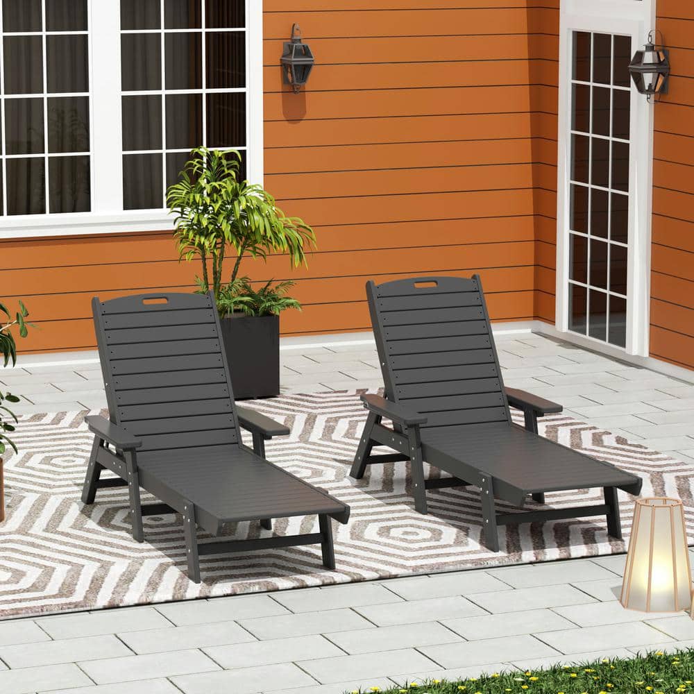 Gray 78" HDPE Adjustable Outdoor Chaise Lounge with Arms