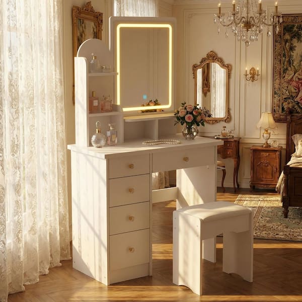 FUFU&GAGA 5-Drawers White Makeup Vanity Sets Dressing Table Sets