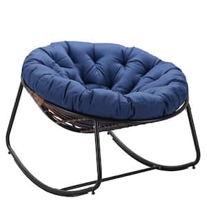 Dark Gray Wicker Outdoor Rocking Chair with Navy Blue Cushions, Lounge Egg Chair for Indoor, Porch, Backyard and Balcony