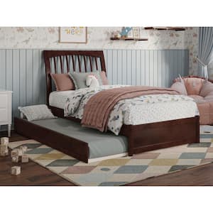Roslyn Walnut Brown Solid Wood Frame Twin Platform Bed with Panel Footboard and Twin Trundle