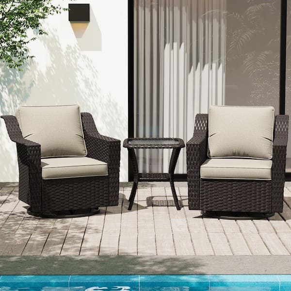 Gardenbee 3-Pcs Brown Wicker Outdoor Rocking Chair Patio Conversation Set Swivel Chairs with Beige Cushions and Table