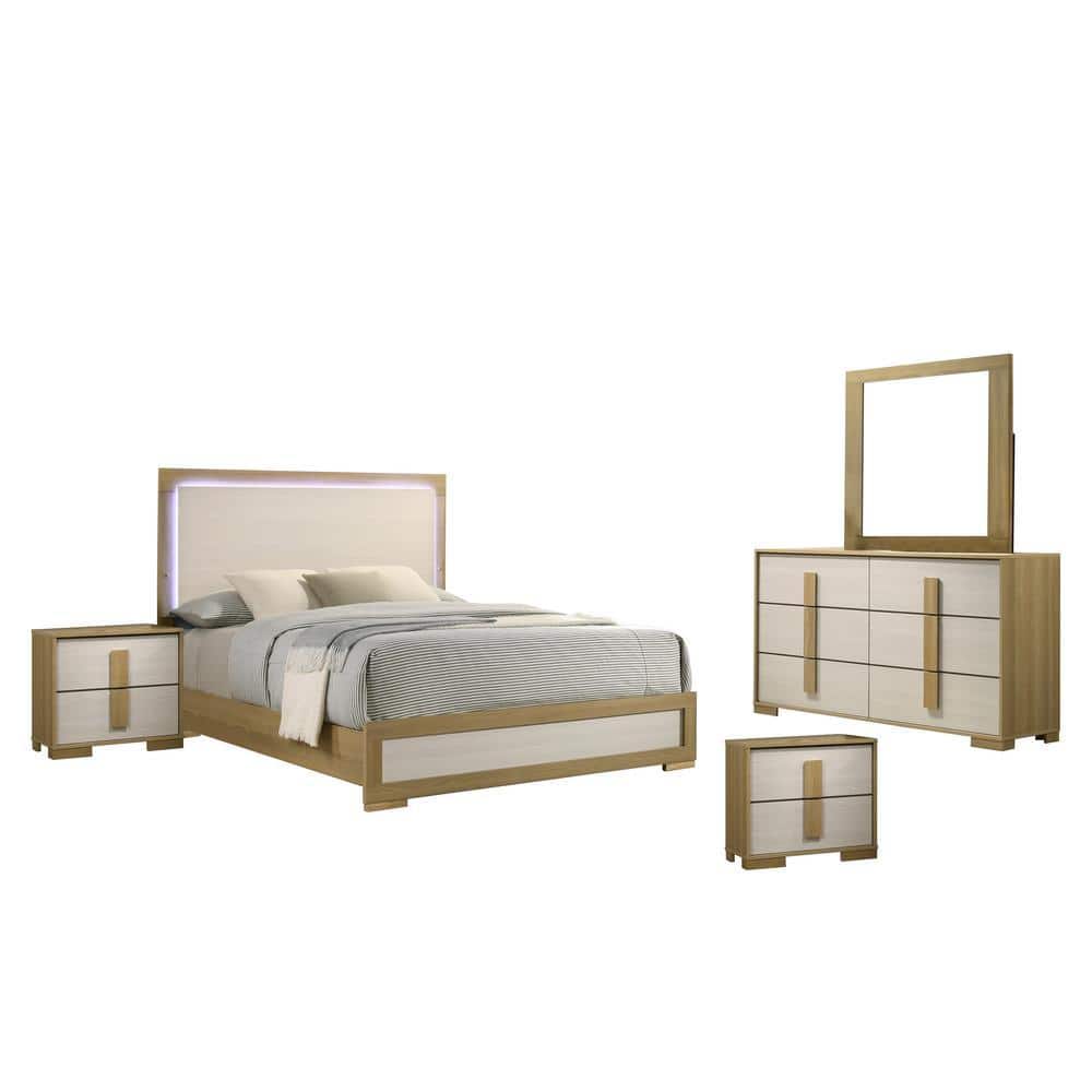 Alissa 5-Piece Natural-White Color Wood Frame Eastern King Panel Bedroom Set With Nightstand