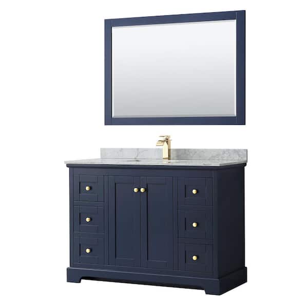 Wyndham Collection Avery 48 in. W x 22 in. D Bath Vanity in Dark Blue with Marble Vanity Top in White Carrara with White Basin and Mirror