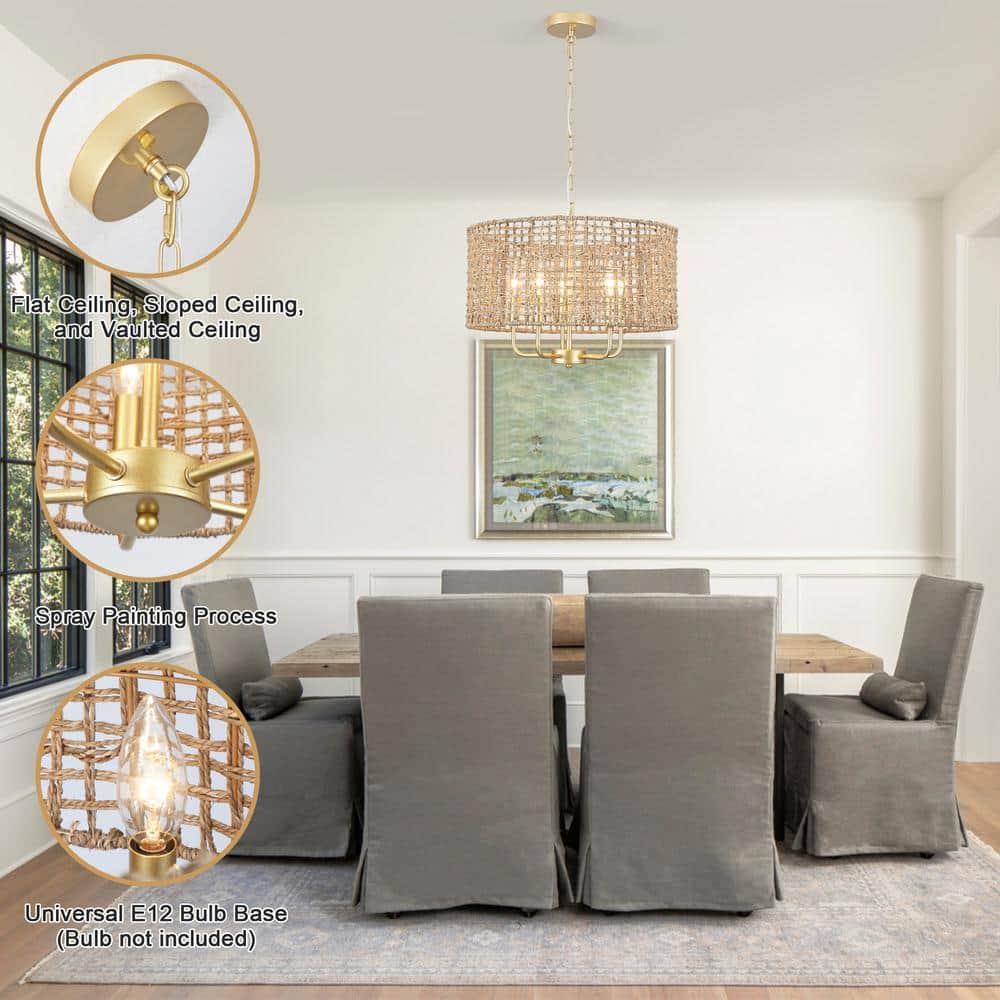 Gold and Rattan Drum Chandelier with Woven Shade
