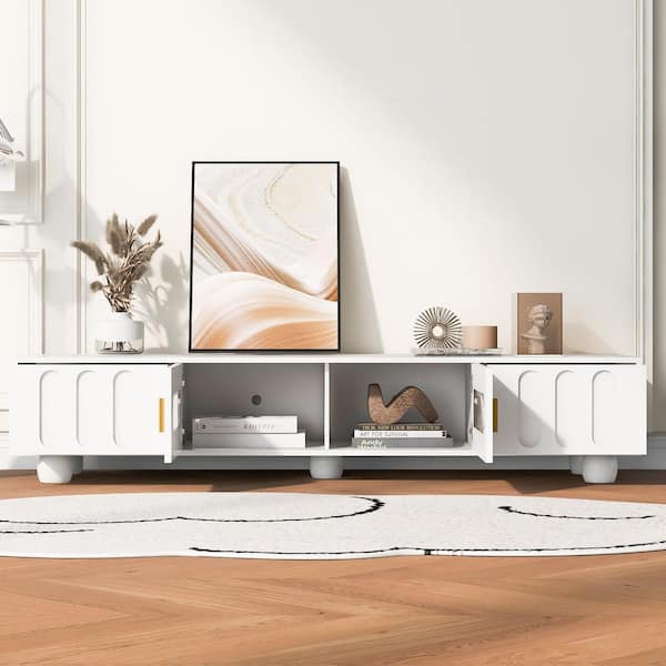 Modern TV Stand Fits TV's up to 80 in. with Glass Door, 2-Drawers and Cabinets, White