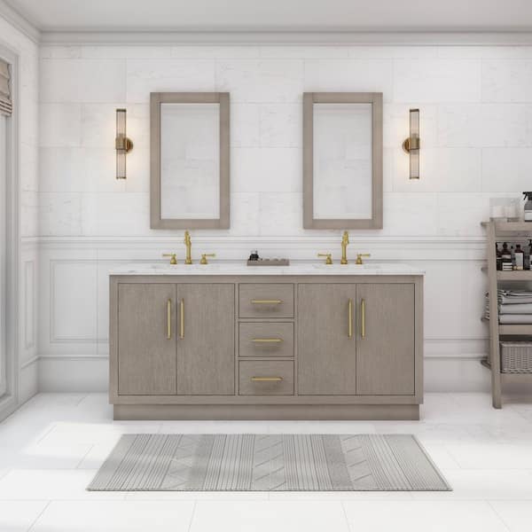 Water Creation Hugo 72 in. W x 22 in. D Bath Vanity in Grey Oak with Marble Vanity Top in White with White Basin and Mirror