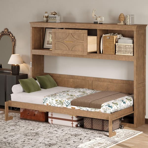 Brown/Natural Wood Color Wood Frame Twin Size Murphy Bed with Charging Station and a Drawer