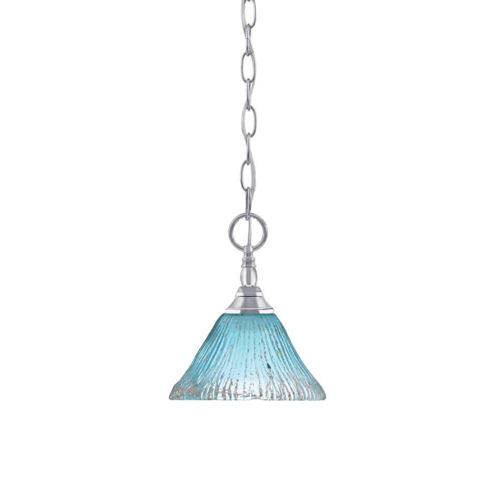 Elva 100-Watt 1-Light Chrome Shaded Pendant Light with 7 in. Teal Crystal G