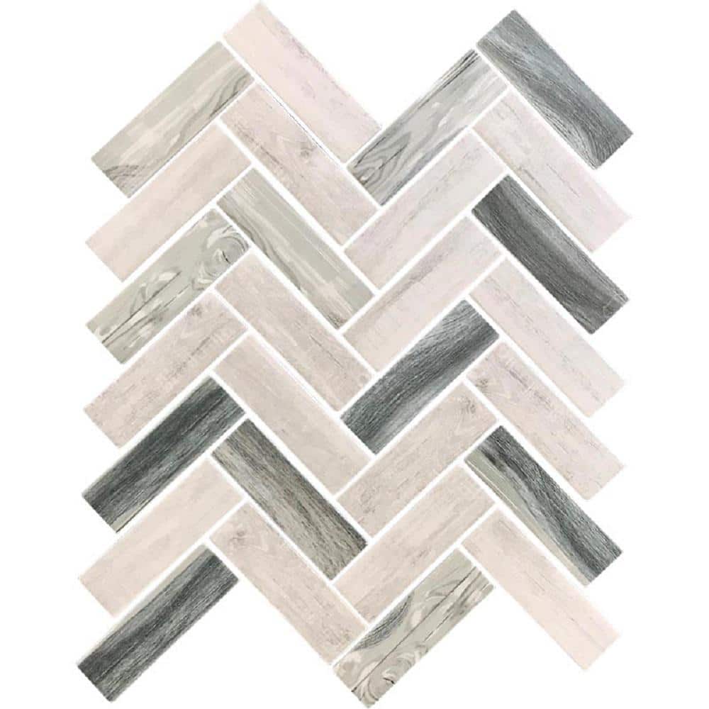 Gray Beige Recycled Glass Herringbone Mosaic Tile