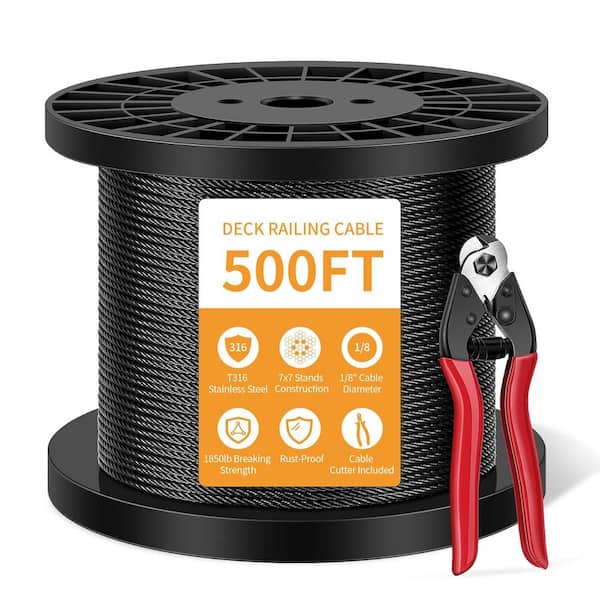 KIWDZFU 6.1 in. H x 7.9 in. W Black T316 500 ft. Stainless Steel 1/8" Cable Wire Rope with Cutter, Rustproof, Stair Railing Kit