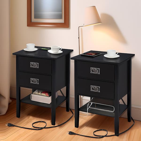 VECELO Nightstand Set of 2-with Charging Station, Black End/Side Table with USB Ports, Nightstands with 2-Drawers Storage Shelf
