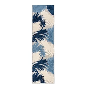 Navy 2 ft. x 7 ft. Contemporary Tropical Large Floral Indoor/Outdoor Runner Rug
