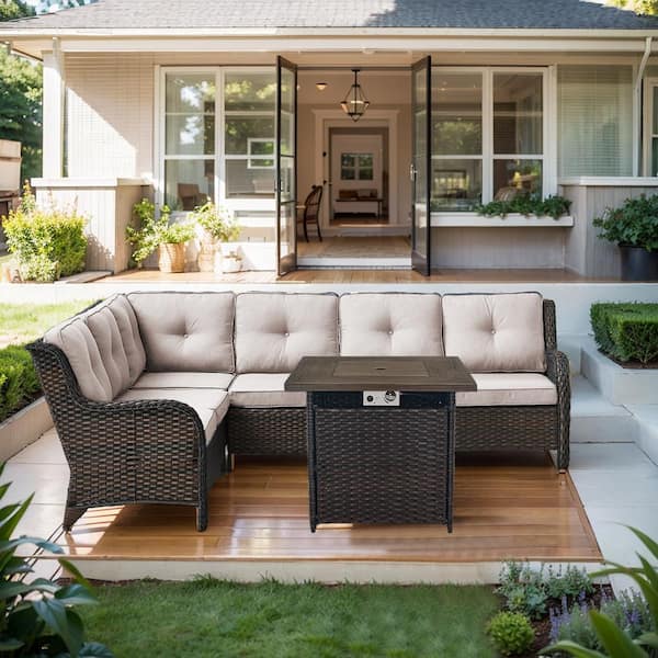 Gymojoy Carolina Brown 3-Piece Wicker Patio Conversation Fire Pit Seactional Seating Set with Beige Cushions