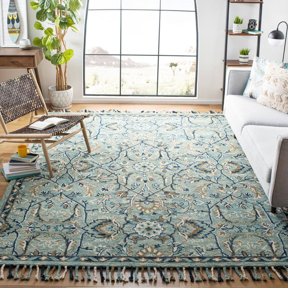 Blue and Ivory Floral Wool 9' x 12' Area Rug