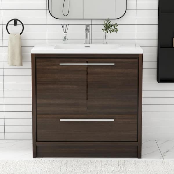JimsMaison 36 in. W x 20 in. D x 36 in. H Freestanding Bath Vanity in Grey Oak with White Stone Resin Top