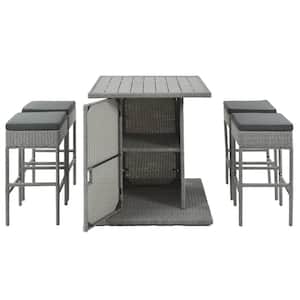 5-Piece PE Wicker Outdoor Dining Set with Dark Gray Cushion and Storage Shelf