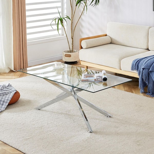 GOGEXX 47.2 in. Rectangle Clear Tempered Glass Coffee Table with Silver Metal Legs, Modern Living Room Accent Furniture