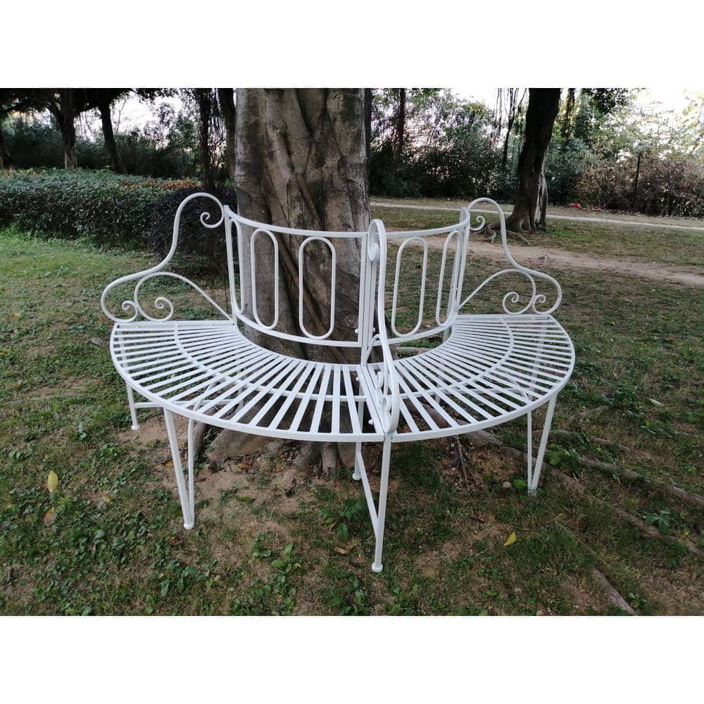 Elegant White Metal Curved Garden Bench with Tree Design