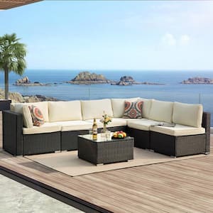 7 Pieces Wicker Outdoor Sectional Sofa Set 6-Person Seating Group with Khaki Cushions
