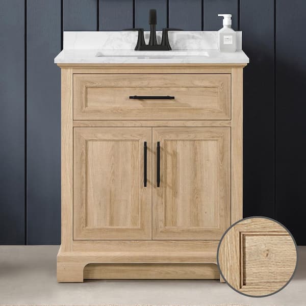 Doveton 30 in. Single Sink Freestanding Weathered Tan Bath Vanity with White Engineered Marble Top (Assembled)