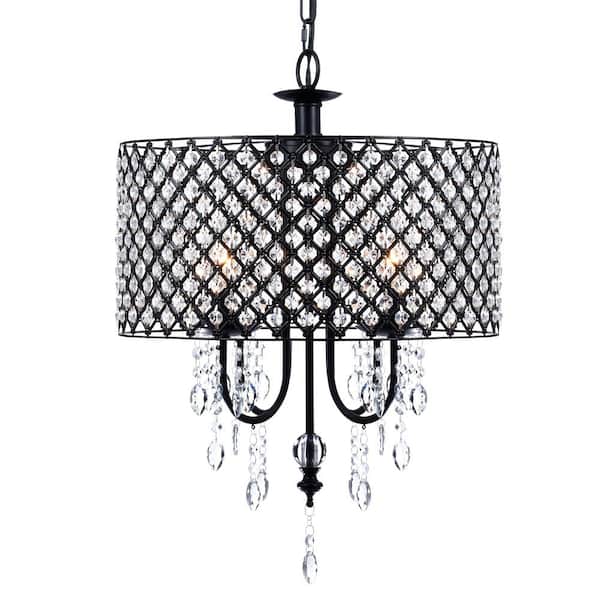 Merra 4-Light Black Crystal Chandelier with Crystal and Metal Lattice Drum Shade and Adjustable Height for 4 Candelabra Bulbs