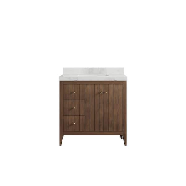 Willow Collections Atlanta Teak 36 in. Single Sink Freestanding Dark Natural Bath Vanity with Calacatta Nuvo Qt. Top Unassembled