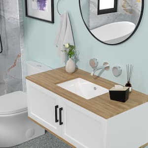 Bathroom Sink Rectangle Deep Bowl Pure White Porcelain Ceramic Lavatory Sink with Overflow