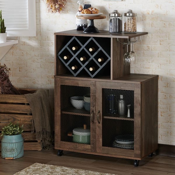 Ari Reclaimed Oak Mobile Mini Bar with Wine Rack