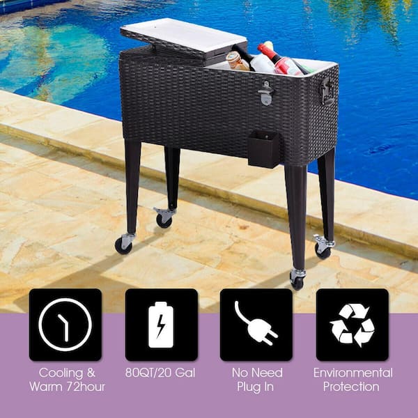 Portable Outdoor Rattan Rolling Party Cooler Drink Cart Ice Chest Patio Pool BBQ 