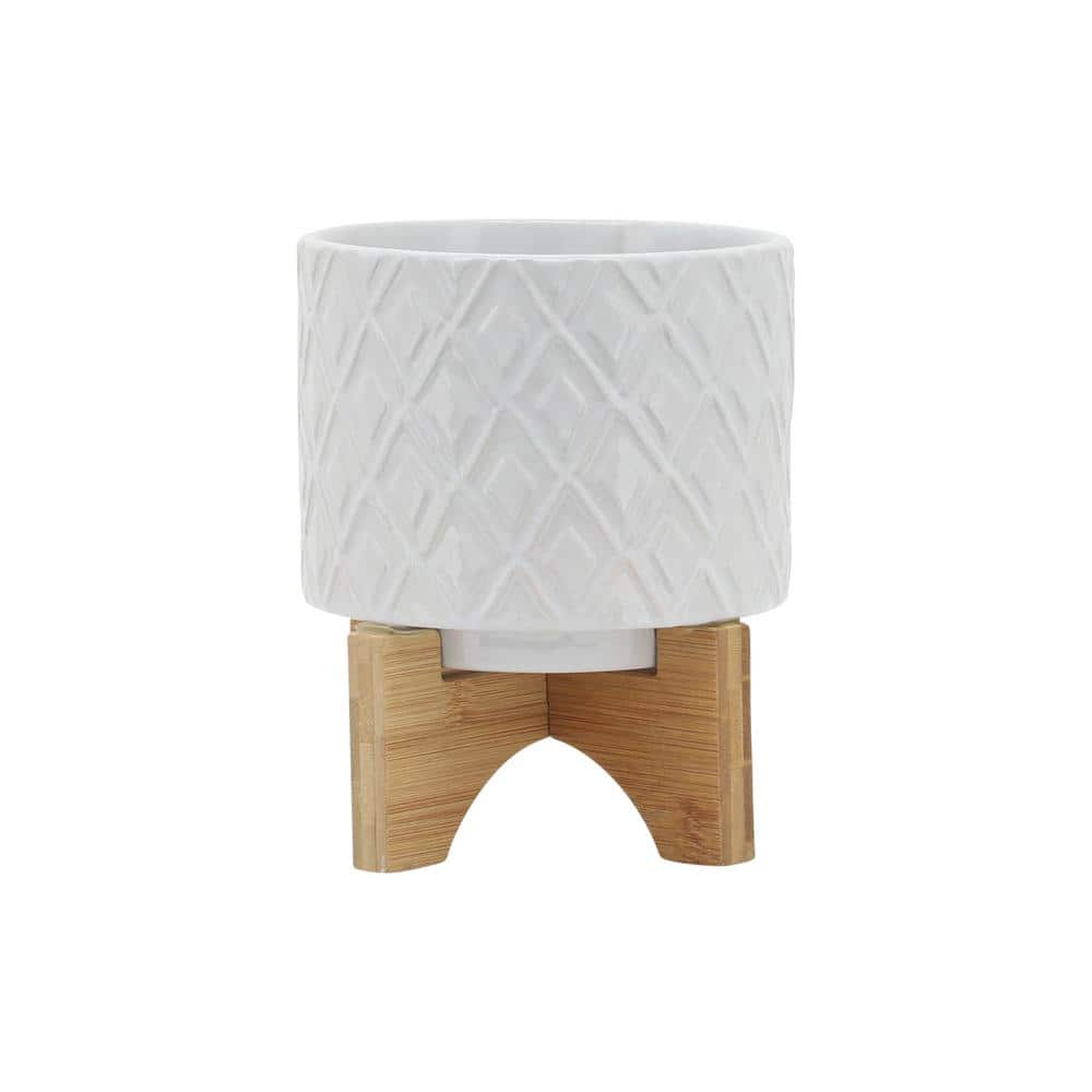 Flynama 5 in. White Ceramic Planter Stand Plant Pot with Wood Stand ...