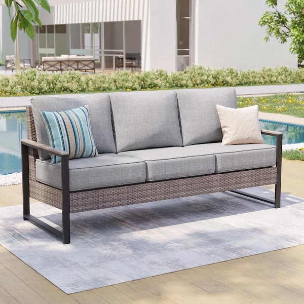 Outdoor 3-Seater Sofa Patio Conversation Set Patio Sofa Set All-Weather Gray Wicker with Linen Grey Cushion