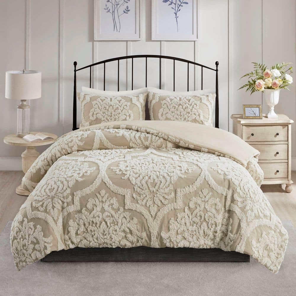 Viola Taupe Full/Queen Cotton Chenille Damask Duvet Set