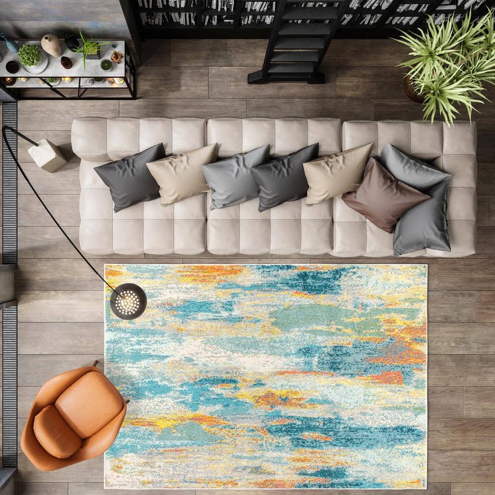 Blue Cream Yellow Abstract Rectangular Synthetic Area Rug