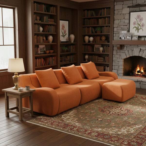 AURA 115.3 in. Slope Arm 3-piece Teddy Fabric Modular with Streamlined Design and Ottoman Sectional Sofa, Pumpkin Orange