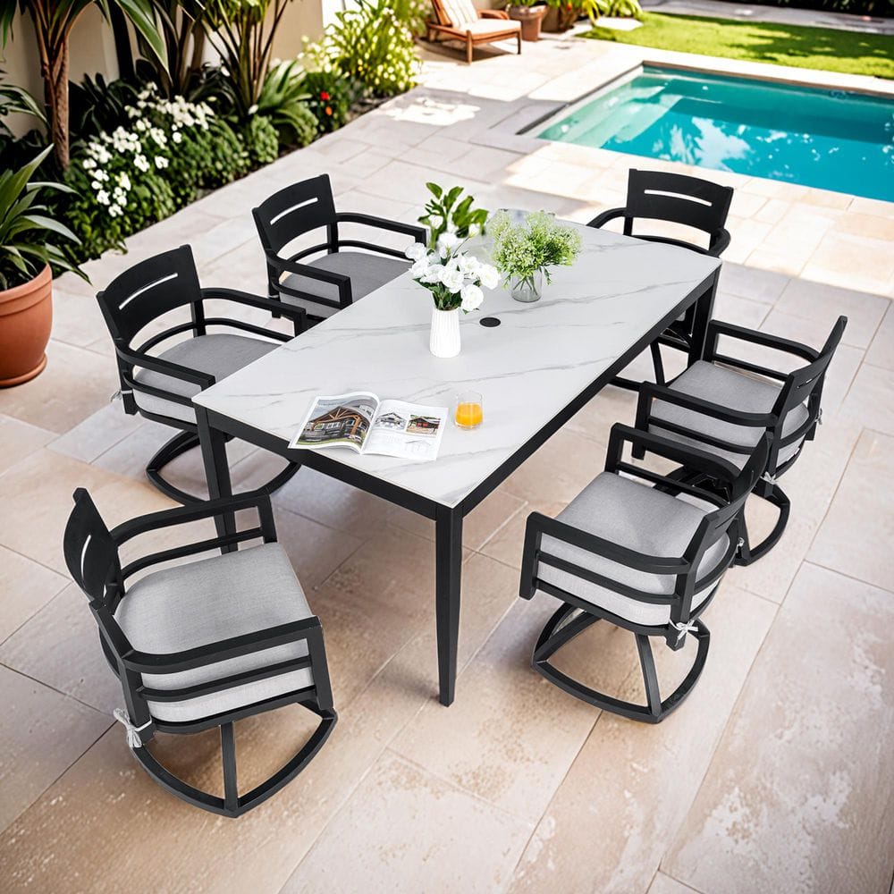 Ember Black 7-Piece Aluminum Outdoor Dining Set with Cast Silver Cushions and White Stone Table price history on PriceWatchPro