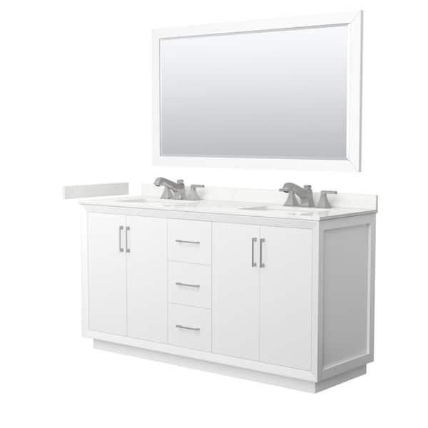 Wyndham Collection Strada 66 in. W x 22 in. D x 35 in. H Double Bath Vanity in White with Giotto Quartz Top and 58 in. Mirror
