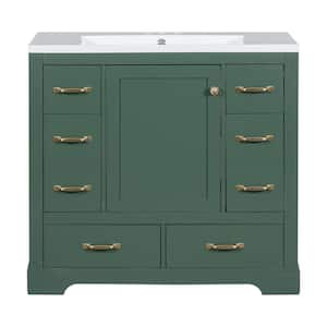 36 in. W Single Sink Freestanding Bath Vanity in Green with White Ceramic Top, 6-Drawers and Adjustable Shelf