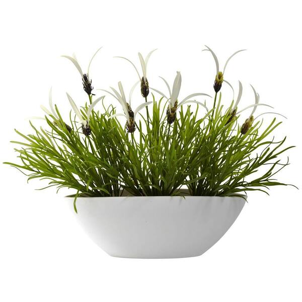 Nearly Natural Indoor/Outdoor Grass and White Floral with White Planter